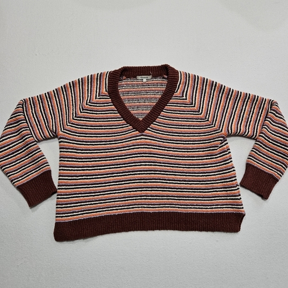 Madewell Size Large Arden Striped V-Neck Oversize Crop‎ Pullover Sweater Rust - Picture 1 of 10